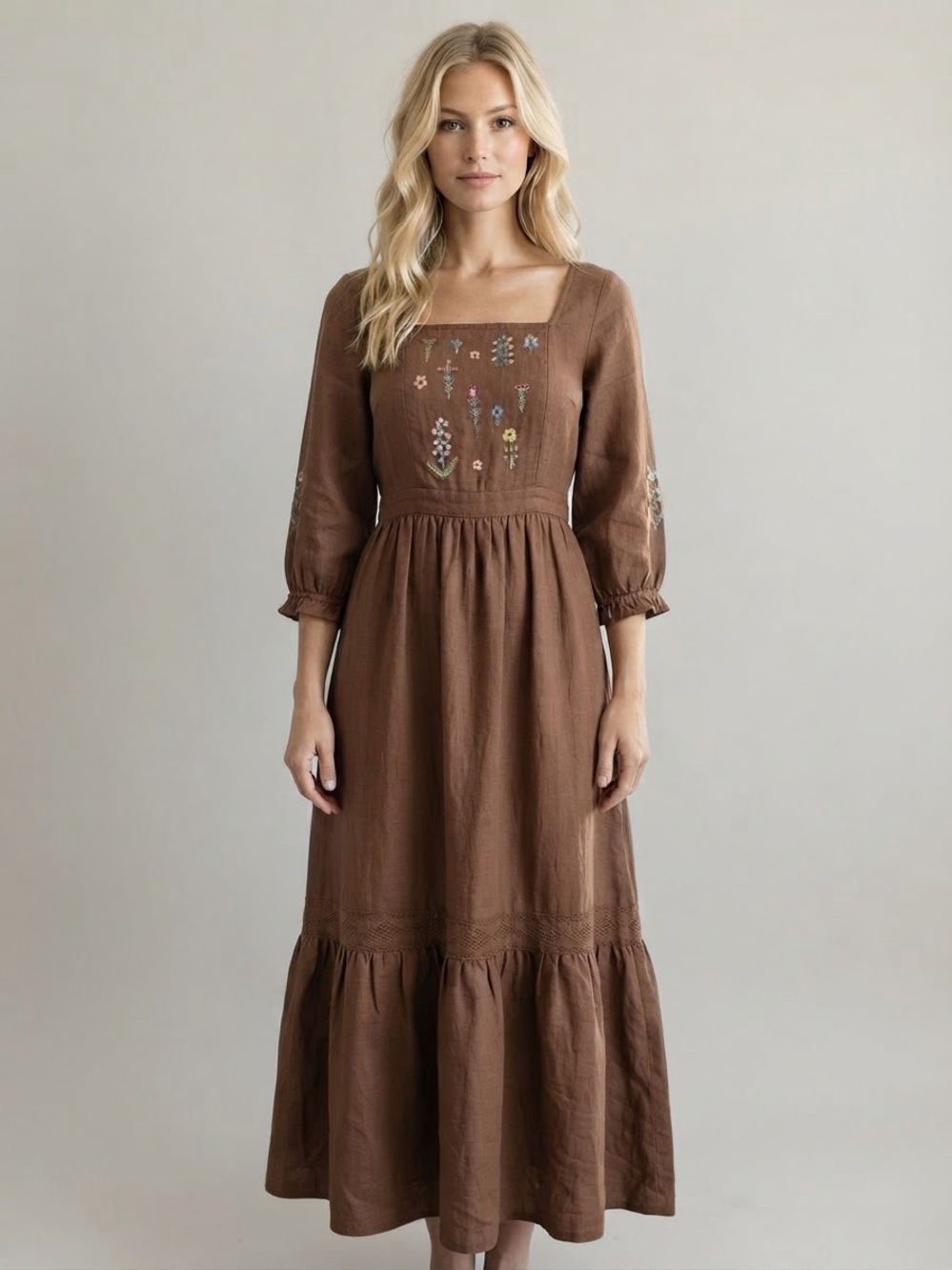 April Cornell Brown Embroidered Cottagecore Prairie Square-Neck Maxi Dress Small
